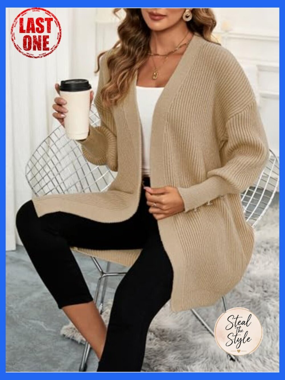 Oversized Chunky Knit Cardigan Open Front Long Sleeve Boho Sweater - Picture 5 of 5